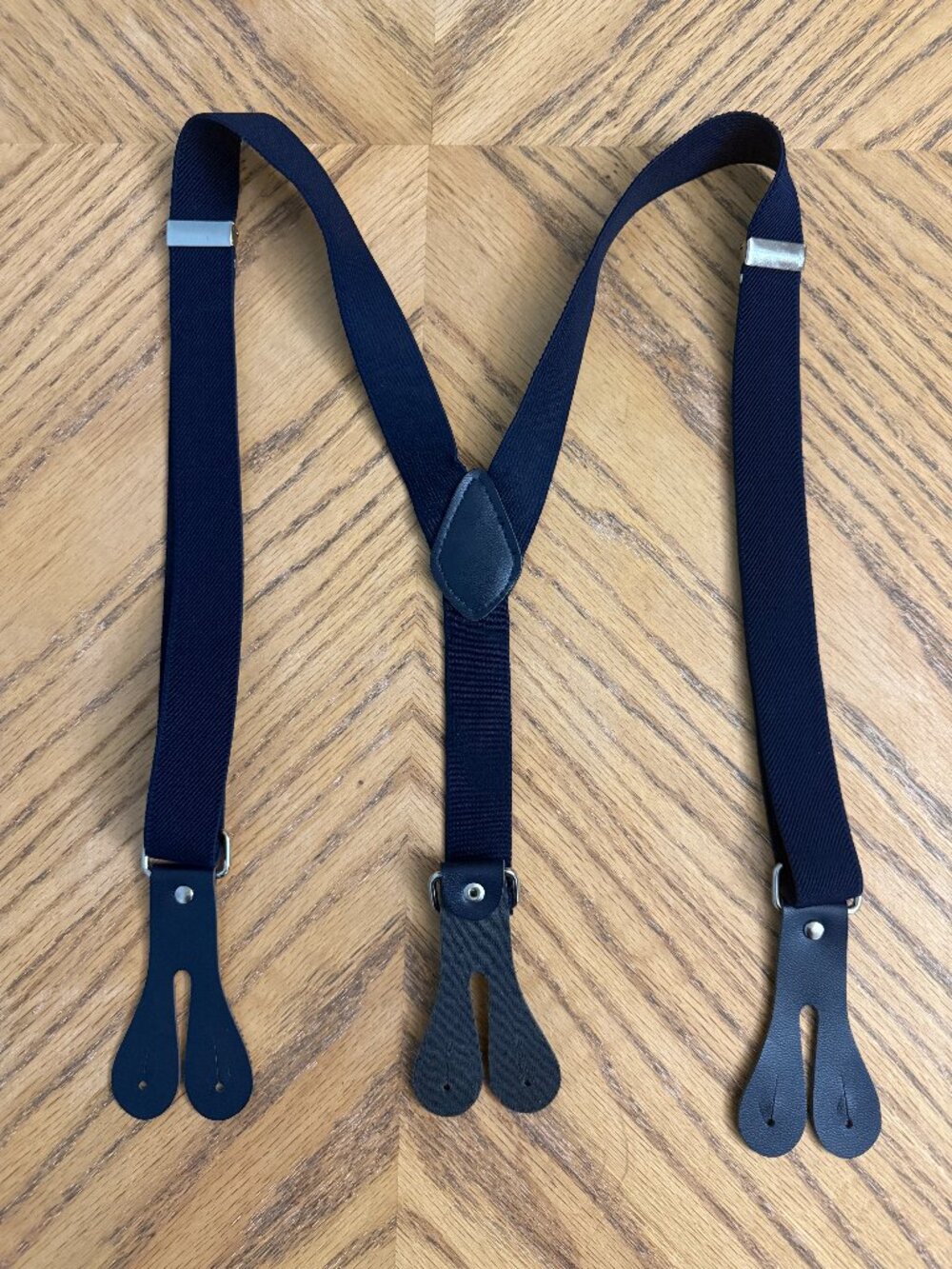 Mens Suspenders Adjustable Navy Blue Leather and Stretch Fabric